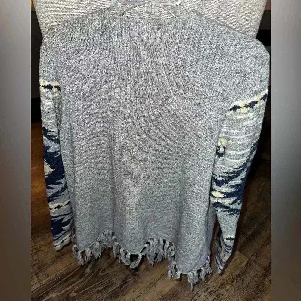 Chaps Sweater Women Large Gray Open Wrap Cardigan Fringe Tribal Aztec Breathable - Picture 2 of 5